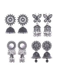 MEENAZ Set Of 4 Silver-Plated Stainless Steel Peacock Shaped Jhumkas