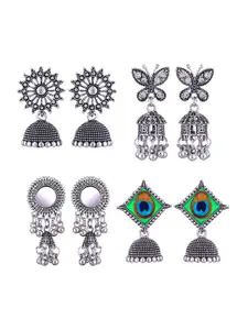 MEENAZ Set Of 4 Silver-Plated Stainless Steel Jhumkas Earrings