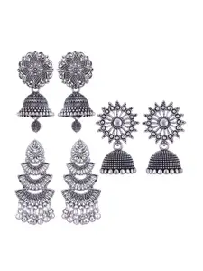 MEENAZ Set Of 3 Silver-Plated Stainless Steel Studded & Beaded Peacock Shaped Jhumkas