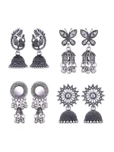 MEENAZ Set Of 4 Silver Plated Dome Shaped Jhumkas