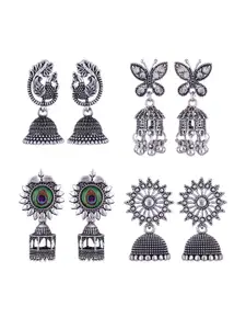 MEENAZ Set Of 4 Silver-Plated Stainless Steel Peacock Shaped Jhumkas
