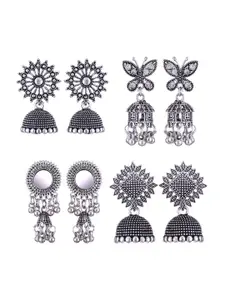 MEENAZ Set Of 4 Silver-Plated Oxidised Peacock Shaped Jhumkas