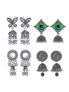 MEENAZ Pack Of 4 Silver-Plated Dome Shaped Oxidised Jhumkas
