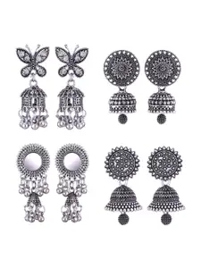 MEENAZ Set Of 4 Silver-Plated Oxidised Peacock Shaped Jhumkas