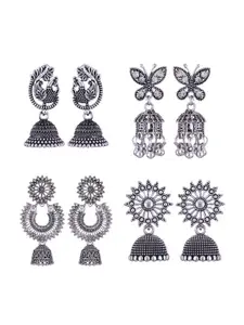 MEENAZ Pack Of 4 Silver-Plated Dome Shaped Oxidised Jhumkas