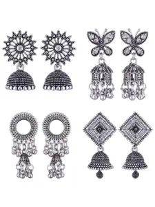 MEENAZ Set Of 4 Silver Plated Dome Shaped Jhumkas