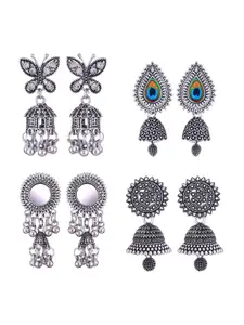 MEENAZ Pack Of 4 Silver-Plated Dome Shaped Oxidised Jhumkas