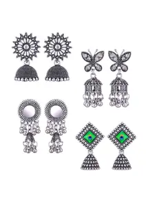 MEENAZ Set Of 4 Silver-Plated Peacock Shaped Jhumkas