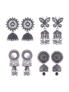 MEENAZ Set Of 4 Silver-Plated Peacock Shaped Jhumkas