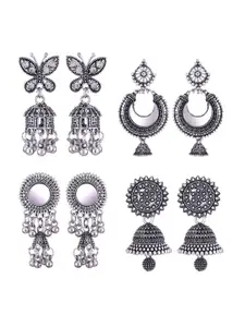 MEENAZ Set of 4 Oxidised Silver Plated Stainless Steel Jhumkas