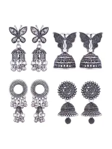 MEENAZ Set Of 4 Silver-Plated Stainless Steel Studded & Beaded Peacock Shaped Jhumkas