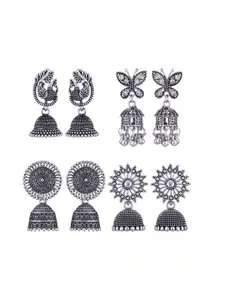MEENAZ Pack Of 4 Silver-Plated Dome Shaped Oxidised Jhumkas