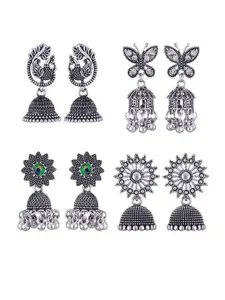 MEENAZ Set Of 4 Silver-Plated Stainless Steel Peacock Shaped Jhumkas