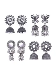 MEENAZ Set of 4 Oxidised Silver Plated Stainless Steel Jhumkas