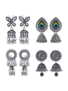 MEENAZ Set Of 4 Silver-Plated Stainless Steel Peacock Shaped Jhumkas