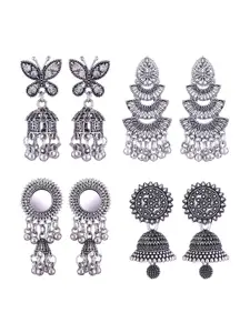 MEENAZ Set Of 4 Silver-Plated Stainless Steel Peacock Shaped Jhumkas