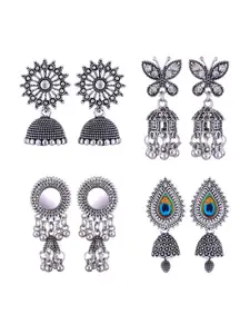 MEENAZ Set Of 4 Silver-Plated Stainless Steel Peacock Shaped Jhumkas