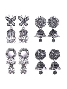 MEENAZ Set Of 4 Silver-Plated Stainless Steel Peacock Shaped Jhumkas