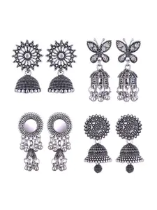 MEENAZ Set Of 4 Silver-Plated Stainless Steel Peacock Shaped Jhumkas