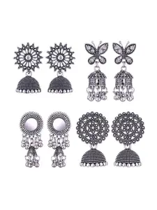 MEENAZ Set of 4 Oxidised Silver Plated Stainless Steel Jhumkas