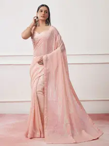 Mitera Peach-Coloured Embellished Sequinned Pure Georgette Designer Saree
