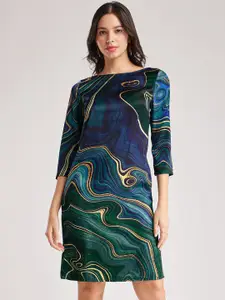 FableStreet Abstract Printed Boat Neck Satin Sheath Dress