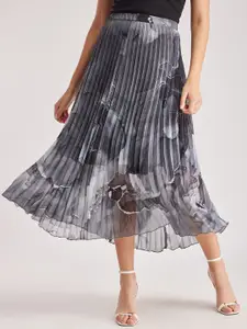 FableStreet Abstract Printed Accordion Pleats Flared Midi Skirt