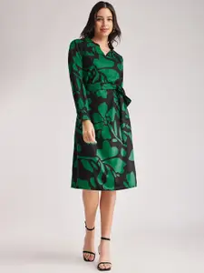 FableStreet Floral Printed Cuffed Sleeves Ruffles A-Line Dress