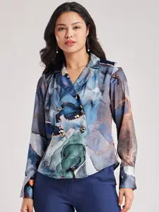 FableStreet Abstract Printed Lapel Collar Satin Casual Shirt