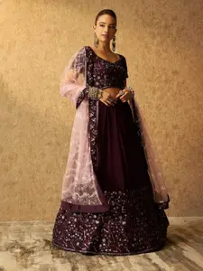Soch Purple Embellished Sequinned Detail Unstitched Lehenga & Blouse With Dupatta