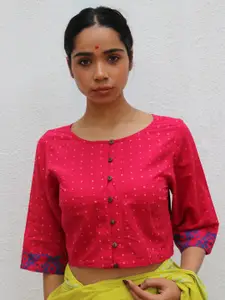 Chidiyaa Polka Dot Block Printed Cotton Saree Blouse