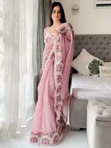Anouk Pink & White Floral Embroidered Organza Saree