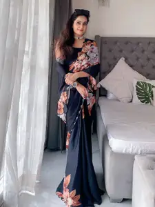 Anouk Black & Orange Floral Printed Beads & Stones Satin Saree