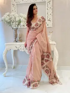 Anouk Khaki & White Floral Embroidered Organza Saree