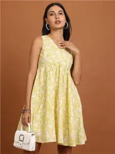 Vishudh Yellow Floral Printed A-Line Dress