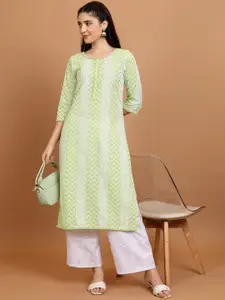 Vishudh Green & White Ethnic Motifs Embroidered Straight Kurta