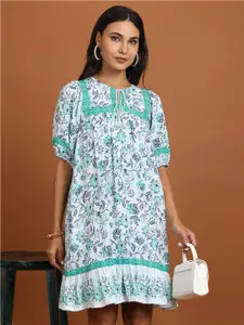 Vishudh White & Blue Floral Printed A-Line Dress