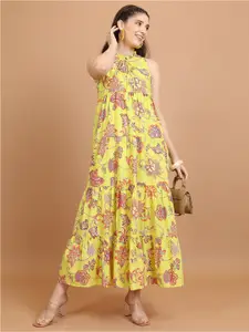 Vishudh Yellow Floral Printed Sleeveless Tie-Up Neck Tiered Maxi Dress