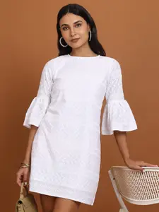 Vishudh White Self Design Bell Sleeves A-Line Mini Dress