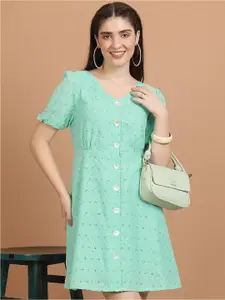 Vishudh Turquoise Blue Floral Embroidered Puff Sleeves Schiffli A-Line Mini Dress