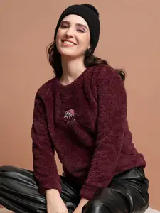 Tokyo Talkies Maroon Self Design Pullover Sweatshirt