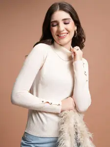 Tokyo Talkies White Ribbed Turtle Neck Acrylic Pullover