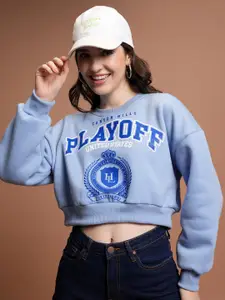 Tokyo Talkies Blue Typography Printed Crop Sweatshirt