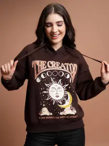 Tokyo Talkies Brown Graphic Printed Hooded Oversized Sweatshirt