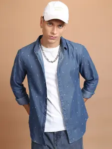 HIGHLANDER Blue Slim Fit Micro Ditsy Printed Spread Collar Casual Shirt