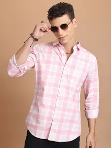 HIGHLANDER Pink Slim Fit Gingham Checked Cotton Casual Shirt