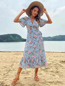 StyleCast Blue Floral Printed V-Neck Flared Sleeves Tie-Ups Fit and Flare Midi Dress