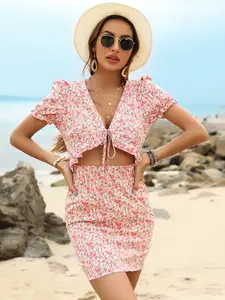 StyleCast Pink Floral Printed Puff Sleeves Tie-Ups Detail V-Neck Sheath Mini Dress