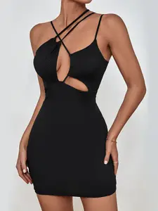 StyleCast Black Self Design Shoulder Strap Cut-Outs Bodycon Mini Dress