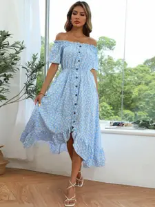 StyleCast Blue Off-Shoulder Gathered Fit & Flare Midi Dress